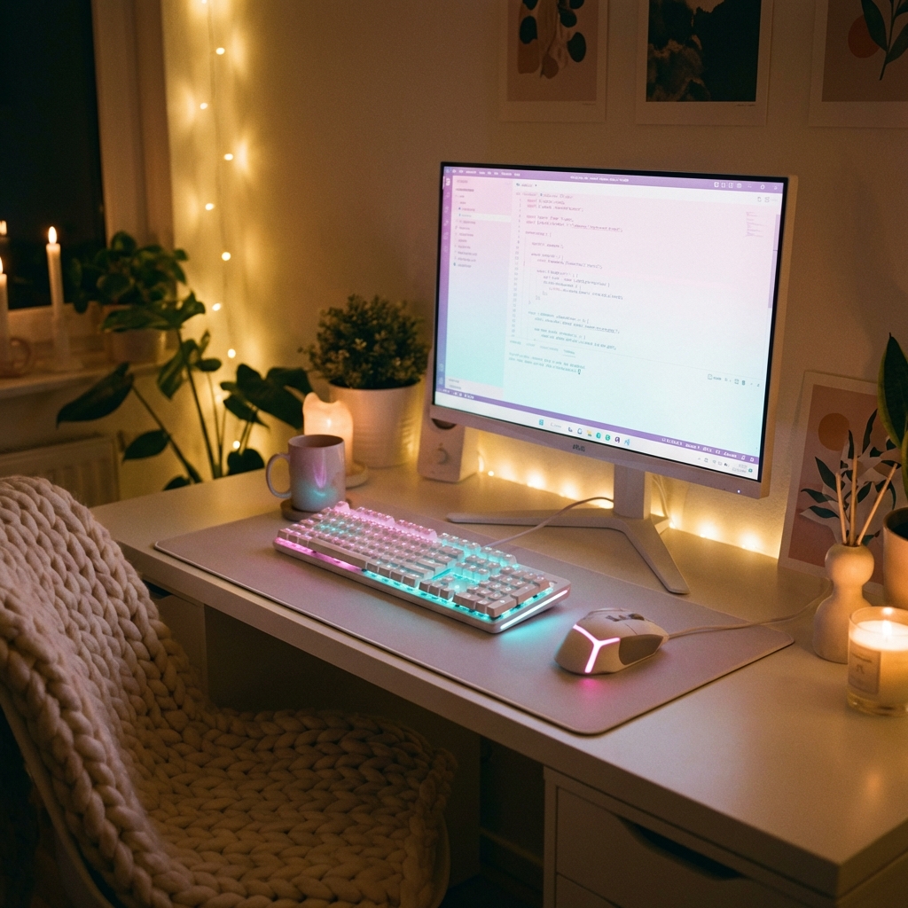 White Desk Setup with G502 and Aurora