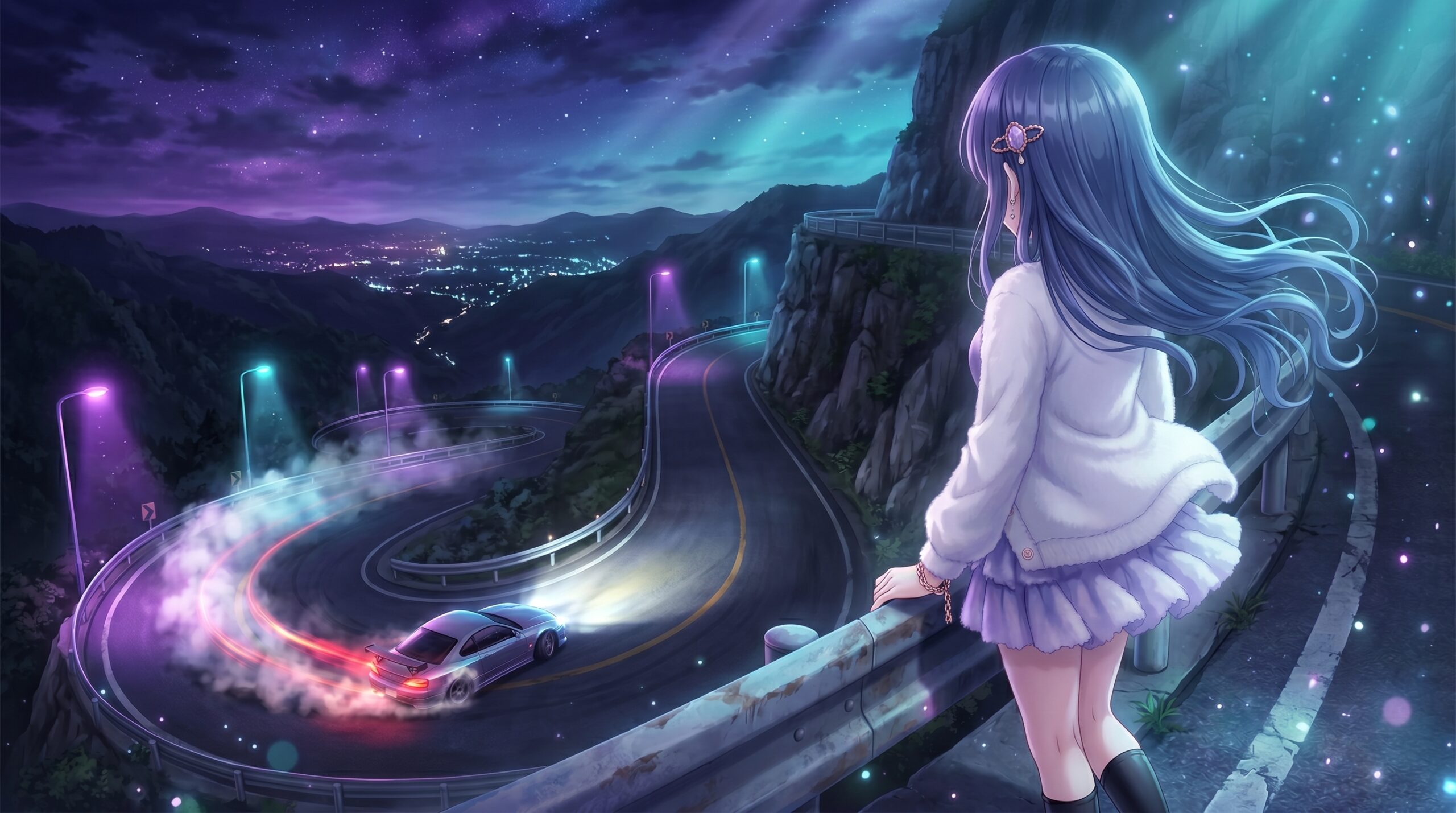 夜の峠道とドリフト車のシーン