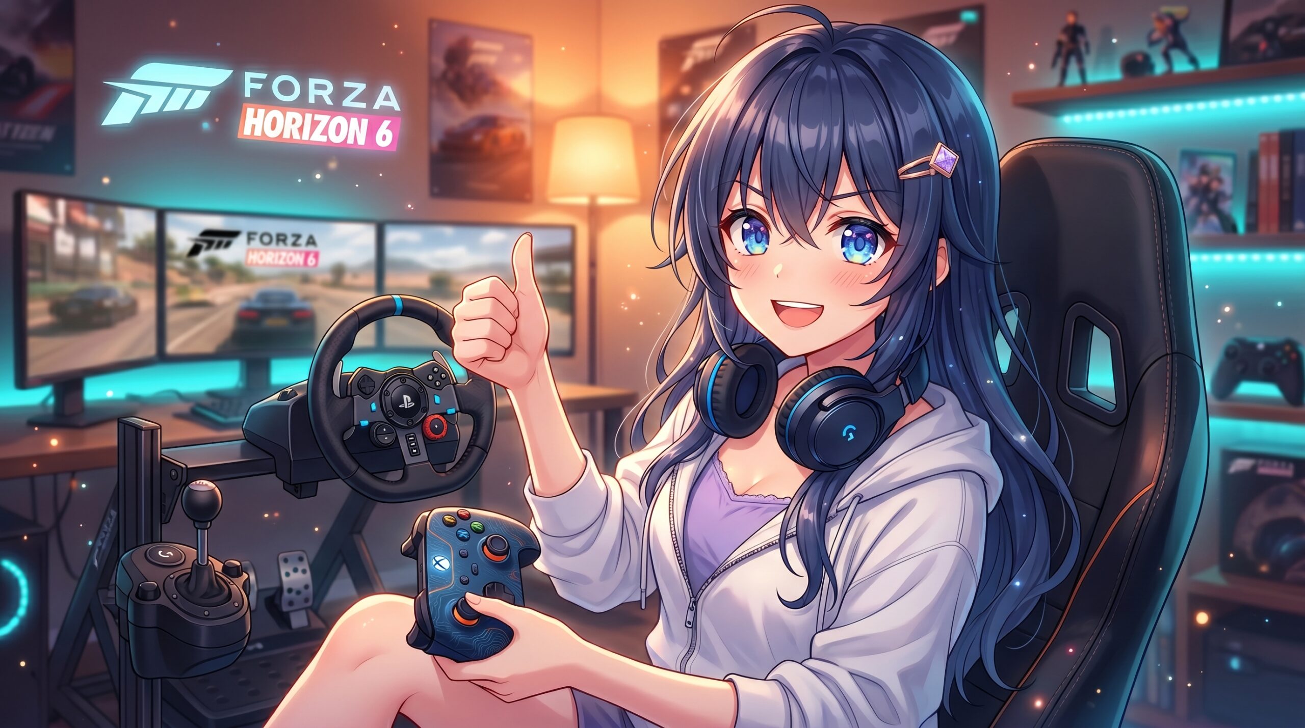 レーシングシートでガッツポーズするキャラクター