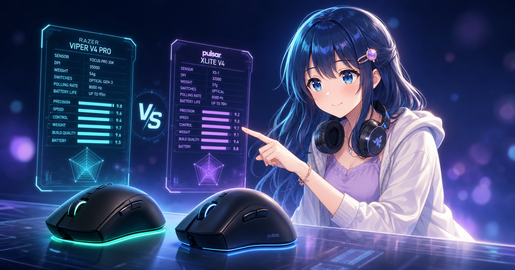 Razer Viper V4 Pro と Pulsar Xlite V4 Wireless のスペック比較