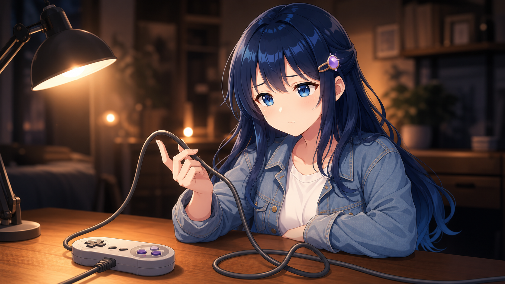 取り外せないケーブルが机に垂れているイメージ