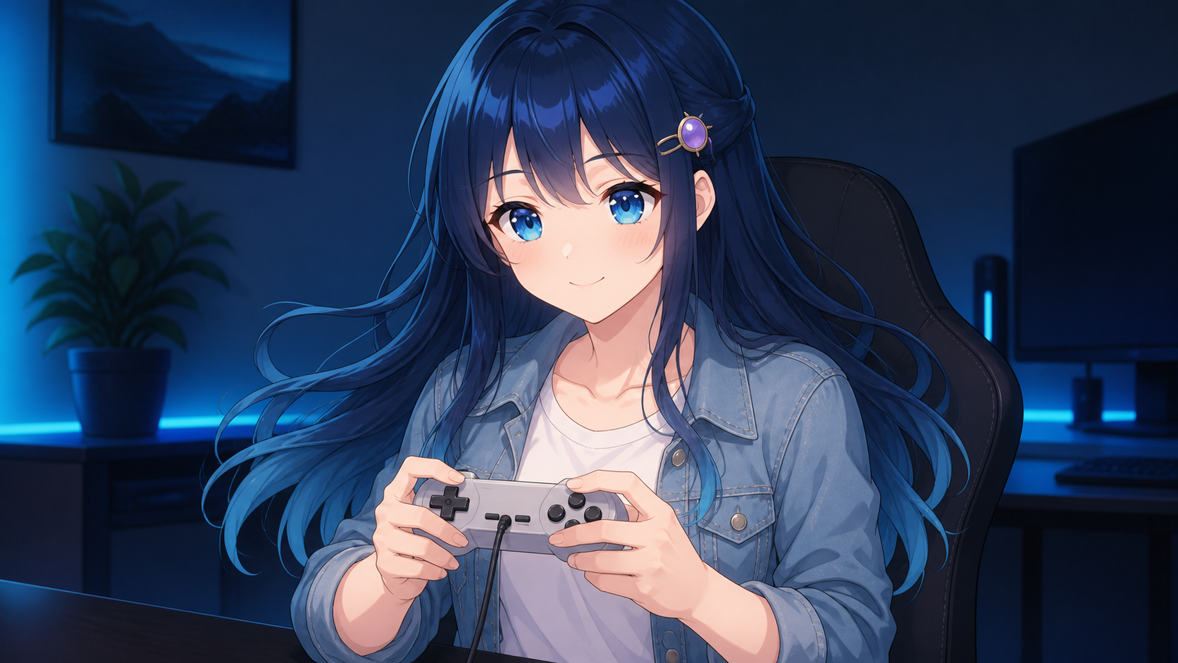 コントローラーを両手で持って満足そうにゲームをしているイメージ
