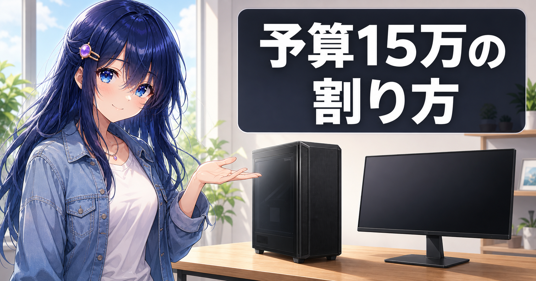 ゲーミングPC本体とモニターを並べて予算15万円の配分を考えるイラスト