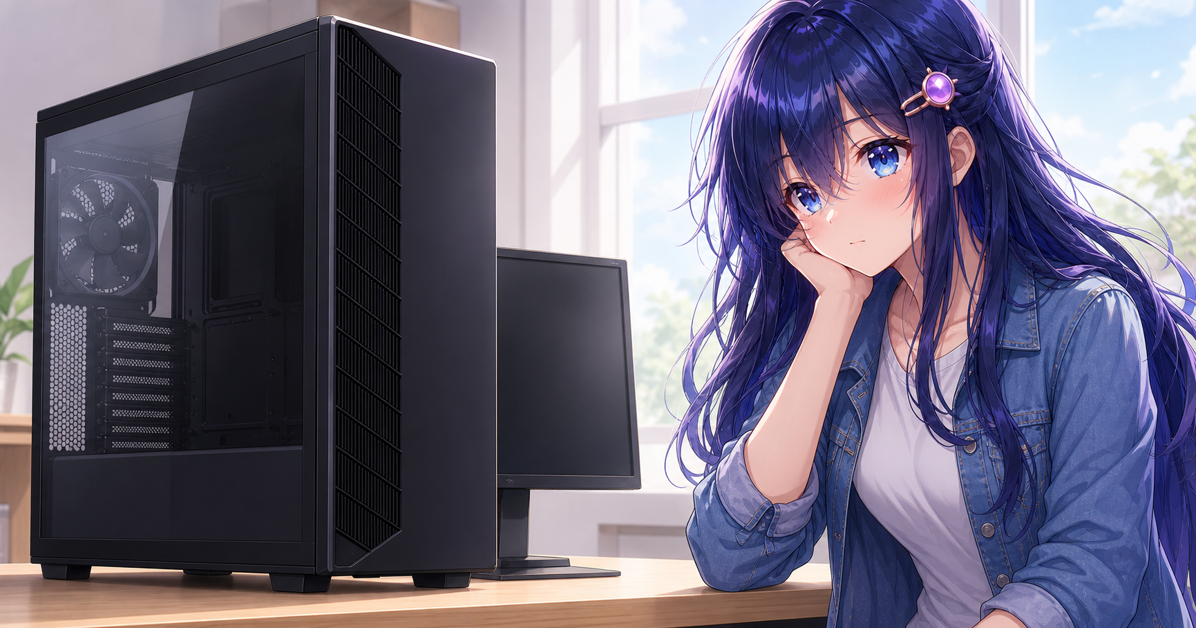 大きなPC本体に予算を使い切って小さなモニターしか置けず悩んでいるイラスト