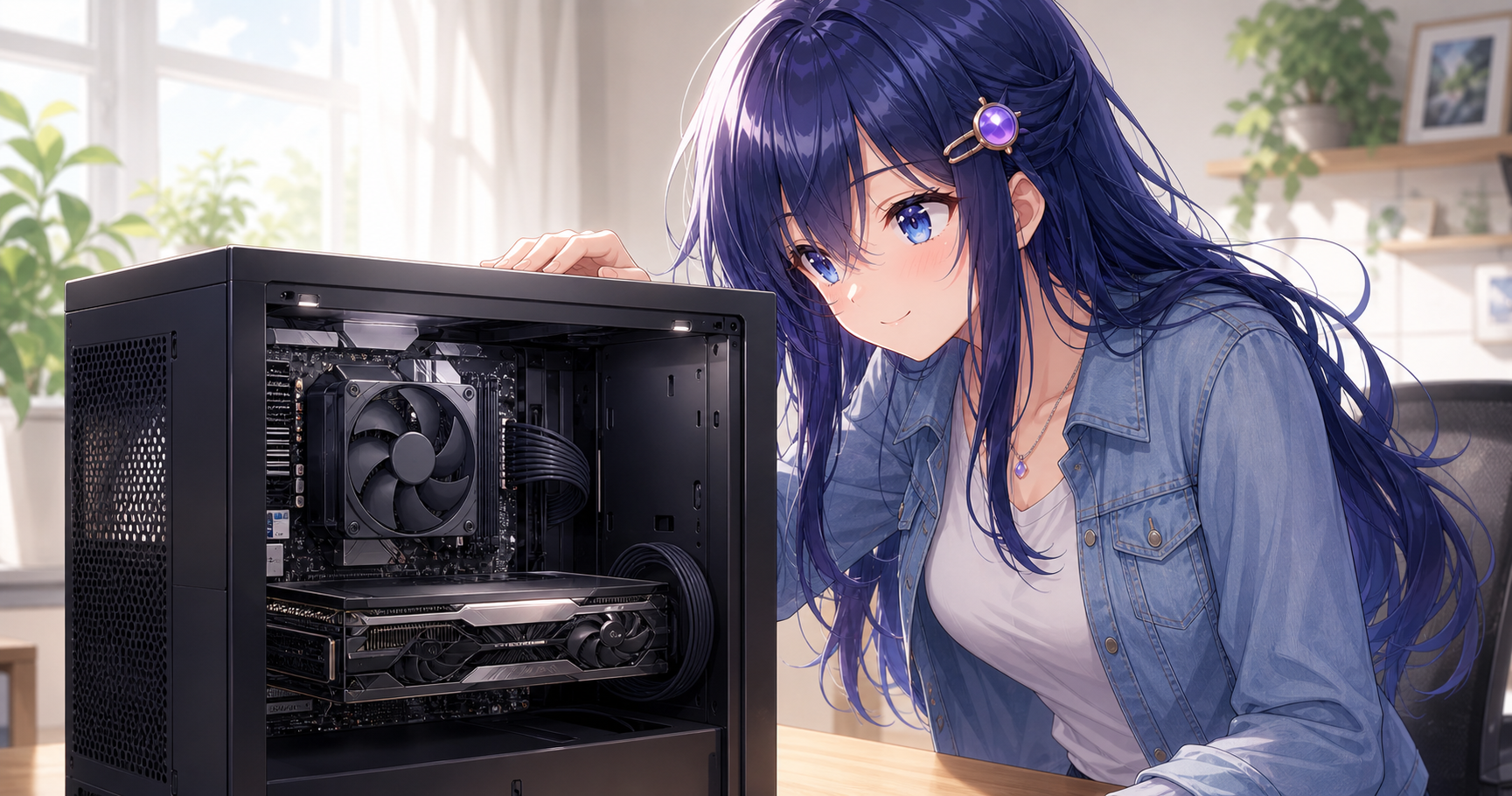 中古のゲーミングPC本体の中身を覗き込んで確かめているイラスト