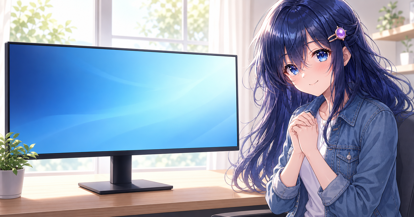 浮いた予算で買った大きなワイドモニターを見て喜んでいるイラスト
